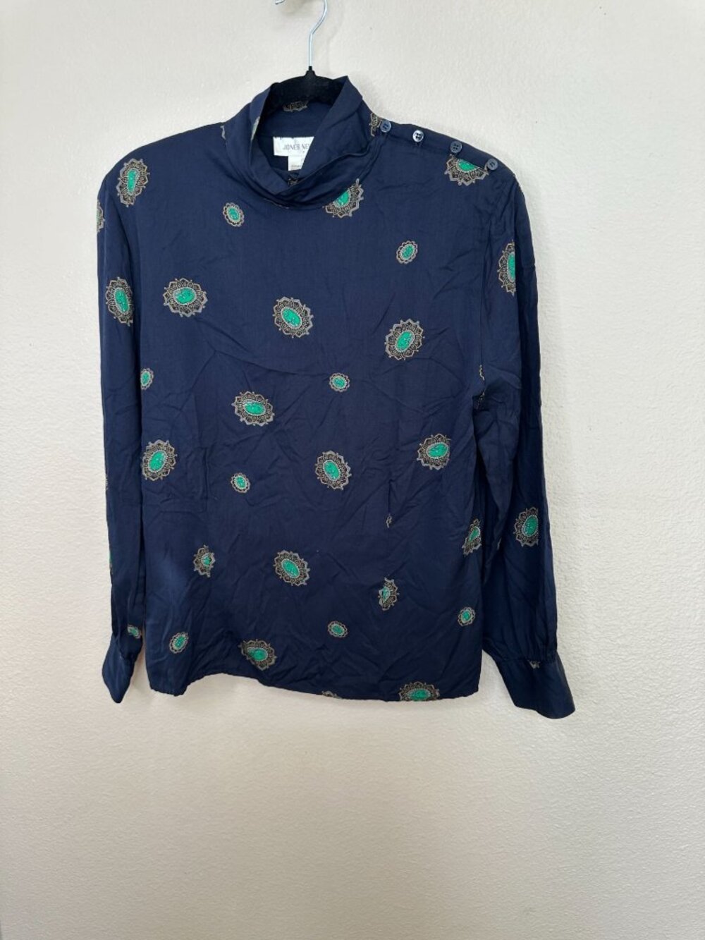 Jones New York Womens Navy Blouse 8 Long Sleeve Button Shoulder Green Print